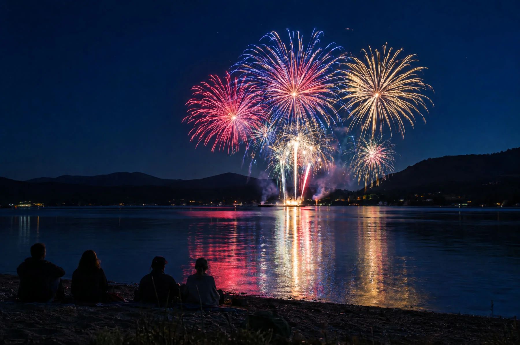 Illustration of fireworks over a lake
