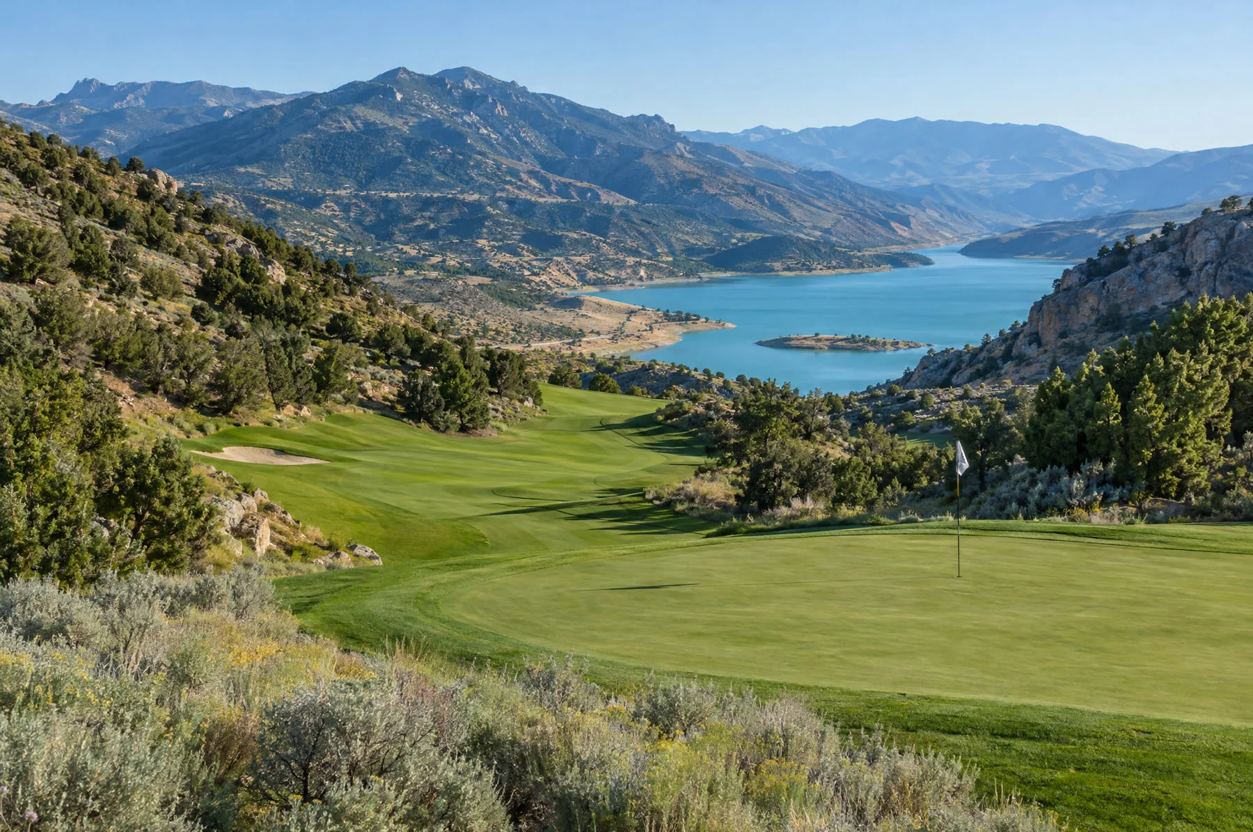 Illustration of a golf course with lake views