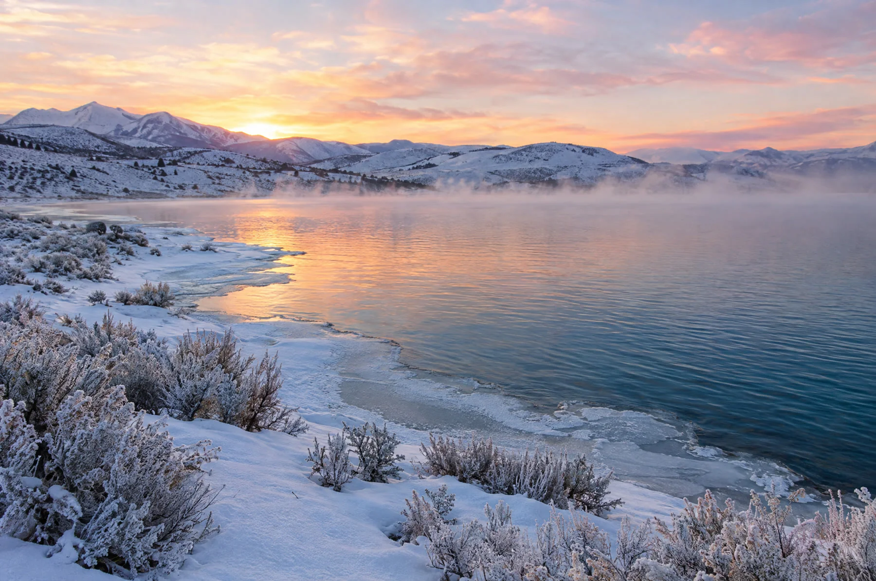 Illustration of a lake at dawn in winter