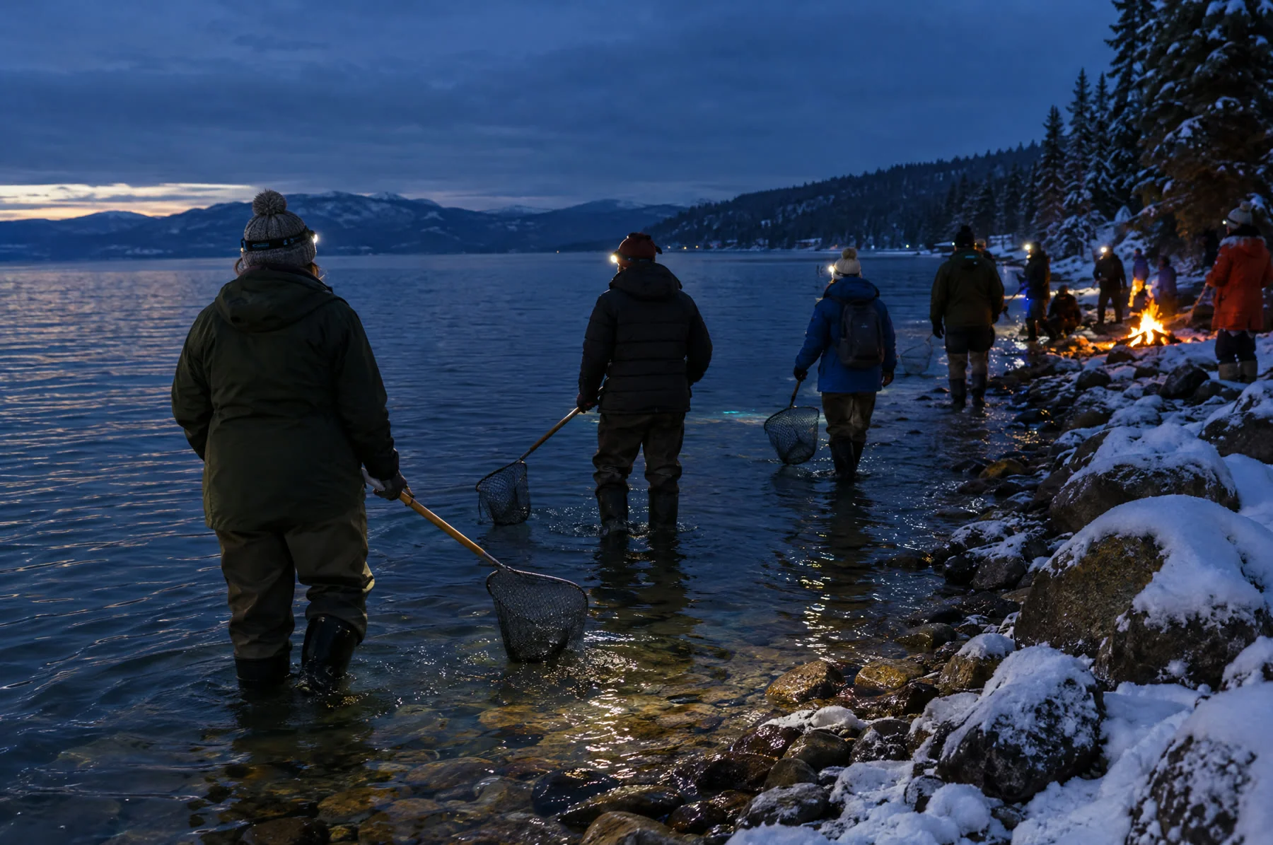 Illustration of winter dipnet fishing along a lakeshore