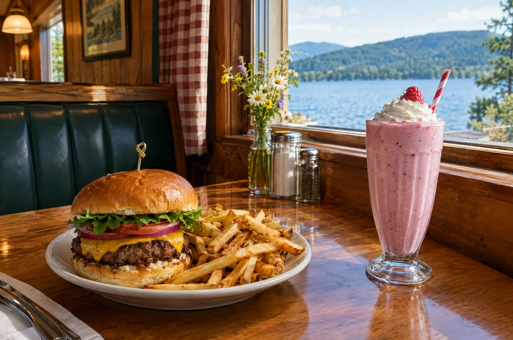 Illustration of a burger and shake in a diner